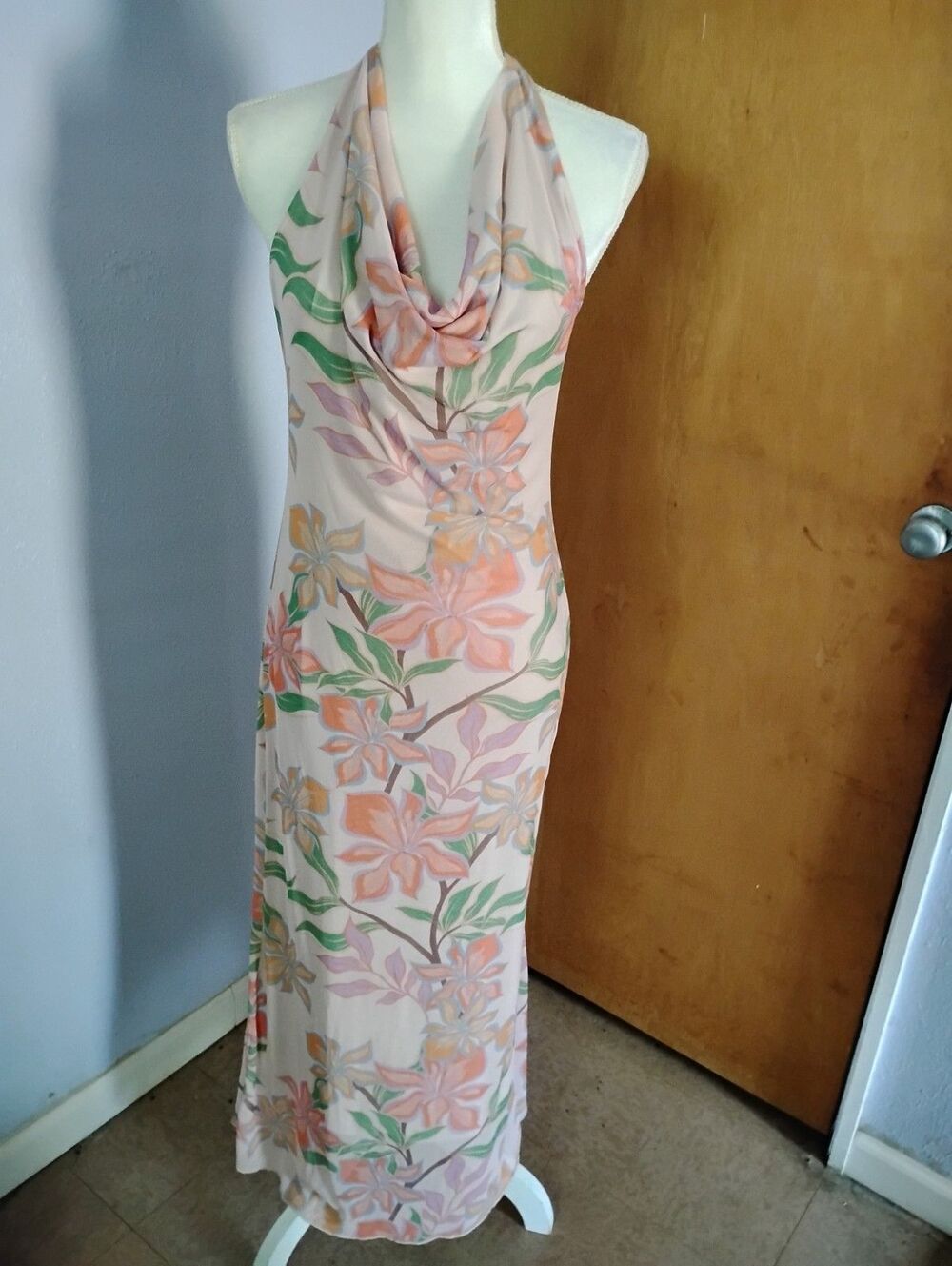 See You Monday Pink Green Floral Draped Cowl Neckline Halter Maxi Dress Large